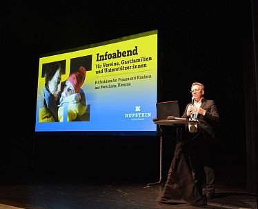Bürgermeister Martin Krumschnabel erläuterte beim Infoabend das Hilfsprojekt, bei dem im
Sommer 70 Kinder und Frauen aus Berezhany nach Kufstein eingeladen werden.
